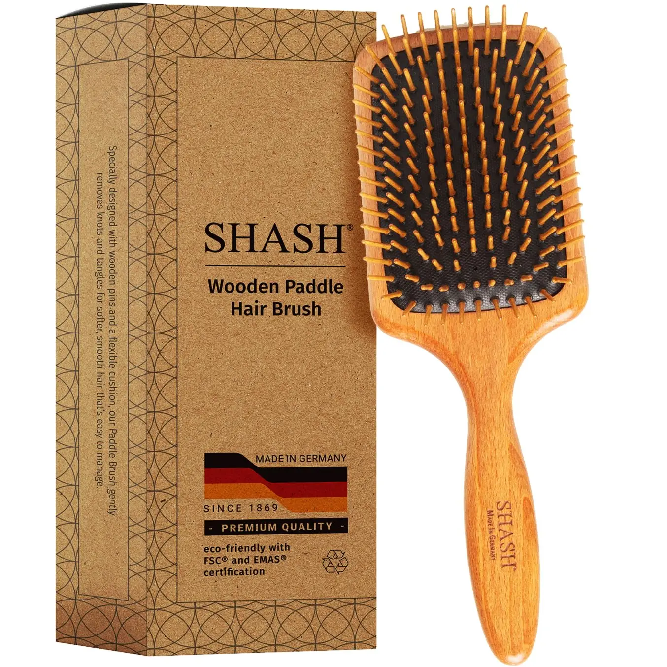Wooden Paddle Brush - Gently Detangles Hair, Less Frizz & Breakage - All Types, Wet/Dry, Eco Wood