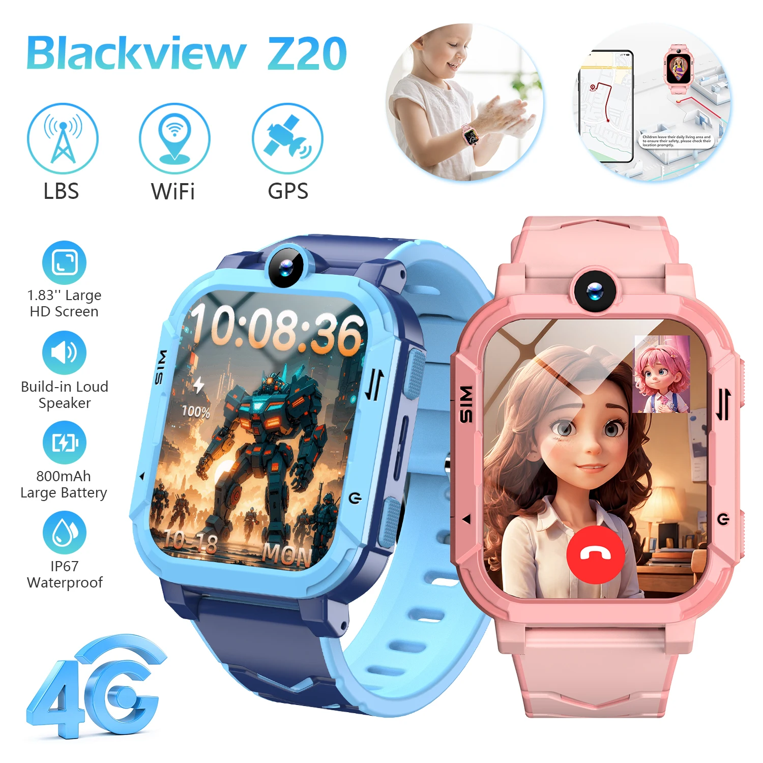 

Blackview Z20 SOS GPS Kids Smartwatch 4G WIFI Video Call IP67 Waterproof Tracker Location Phone Smart Watch for Chirdren's Gift