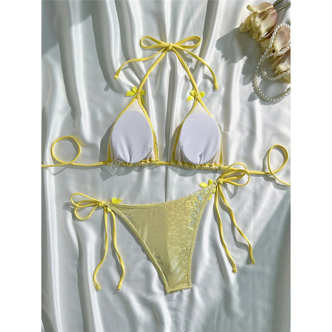 Glitzernder, funkelnder Neckholder-Bikini, Damen-Badebekleidung, zweiteiliger Bikini-Set, Badeanzug mit hohem Beinausschnitt, Badeanzug, Schwimmanzug V7269 – Detail 23