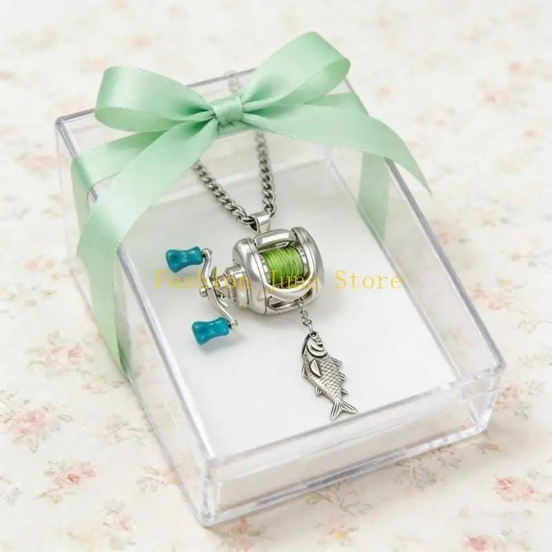 N5KA Artistic Detailed Fishing Reel Inspired Necklace Ring Set For Collectors Present