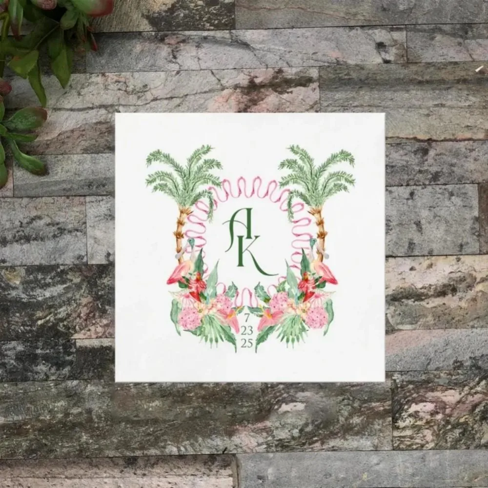 Servilletas con monograma de cresta tropical: servilletas de cóctel personalizadas para bodas en la playa, eventos de destino, fiestas de verano y duchas