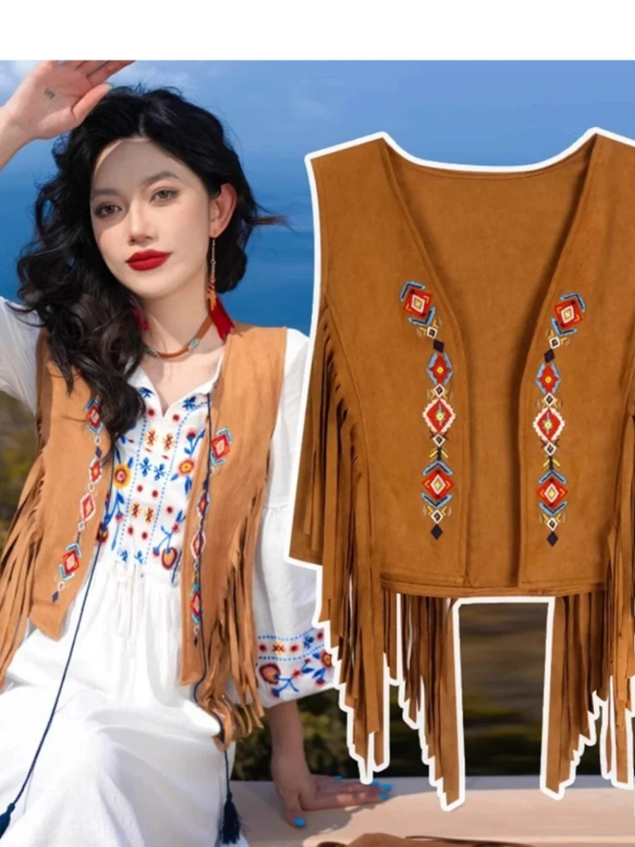 

Замшевый жилет n Sle, женский летний 2024, новый большой размер с кисточками в стиле ретро, топ с v-образным вырезом без пуговиц, однотонный, для поездок на работу, Sle