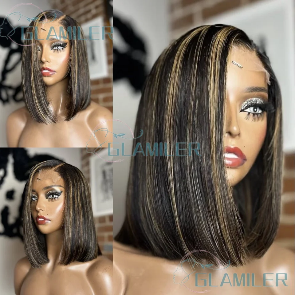 

Balayaga Highlight Blonde Тонкие линии Бесклеевые прямые короткие парики Боб 5x5 Шелковые парики с застежкой сверху с отбеленными узлами Парики BOB 13x6