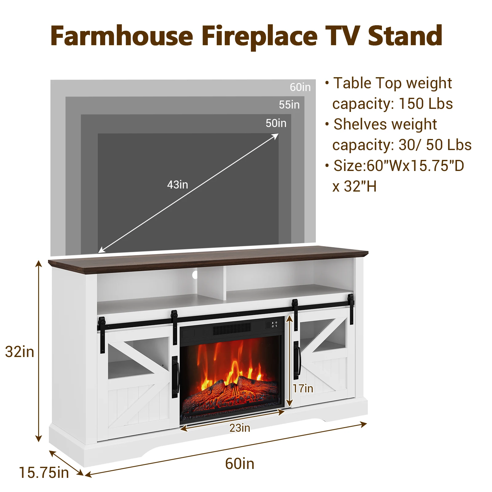 Farmhouse Electric Fireplace TV Stand, Large Wooden Media Console for TVs up to 70