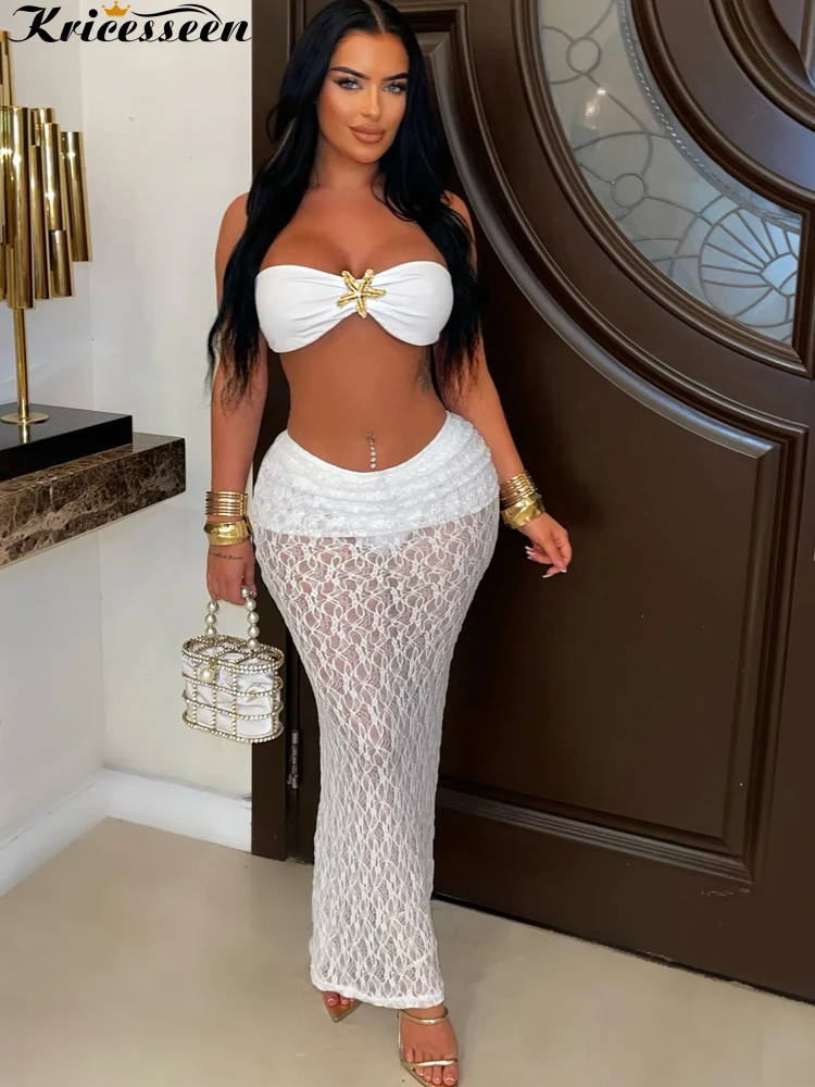 

Kricesseen Шикарные женские пляжные костюмы, комплект из 2 предметов, праздничная одежда, гламурный топ-бандо с морской звездой и кружевной юбкой, комплект сексуальной клубной одежды