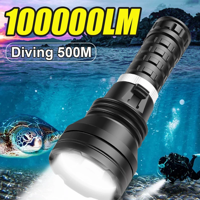 

Powerful LED Diving Flashlight IPX8 Underwater Light 100000LM Ultra Bright Scuba Lamp Waterproof Torch Fishing Camping Lights