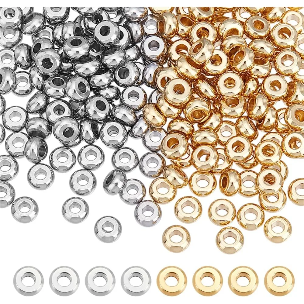 

200Pcs Spacer Beads 2 Colors Flat Round 4mm 304 Stainless Steel Rondelle Beads Metal Loose Beads Beading Bracelet Making Beads