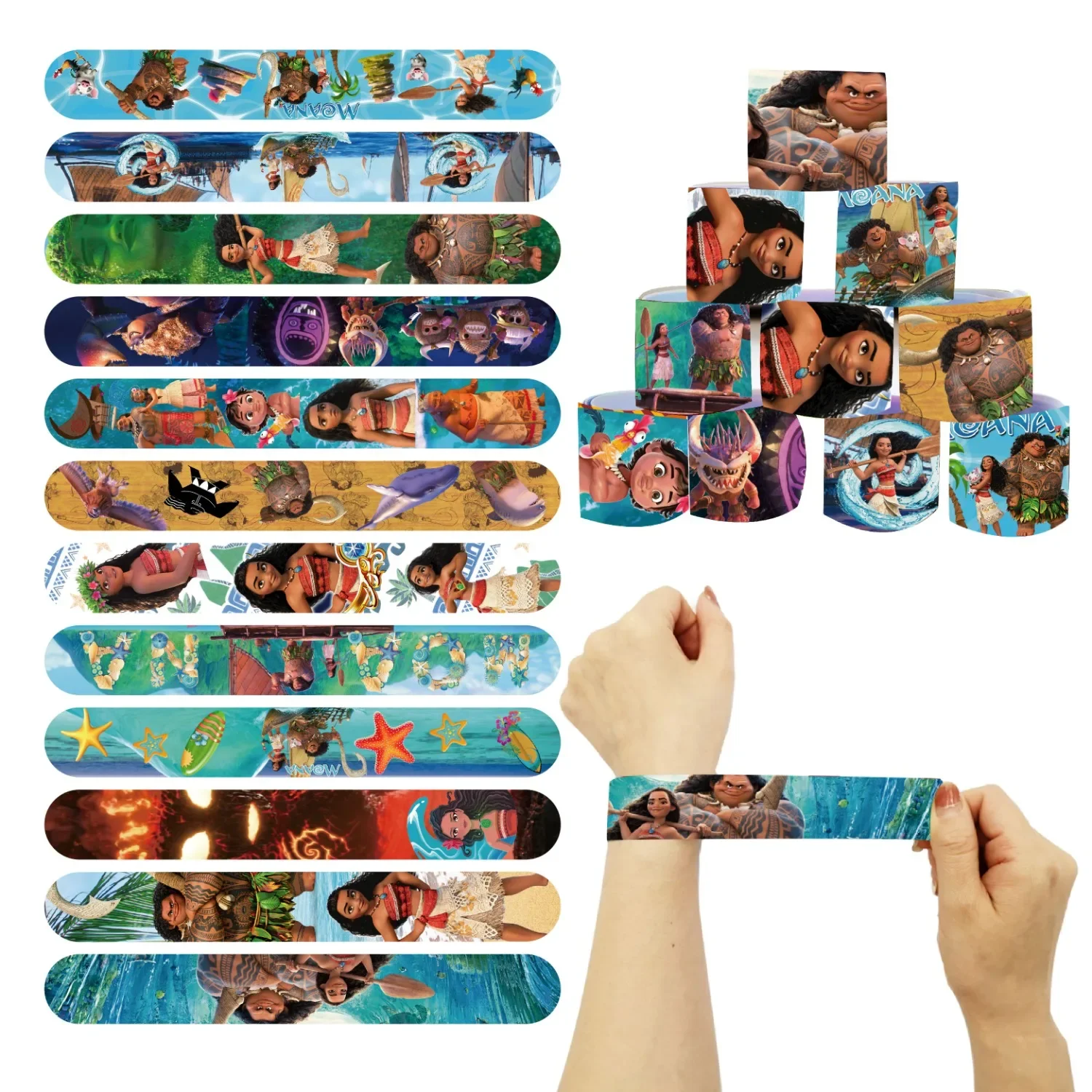 12 pièces Moana série Slap Bracelets cercle mignon Bracelet à bricoler soi-même Bracelets d'anime pour enfants cadeaux de fête cadeaux d'anniversaire amusants