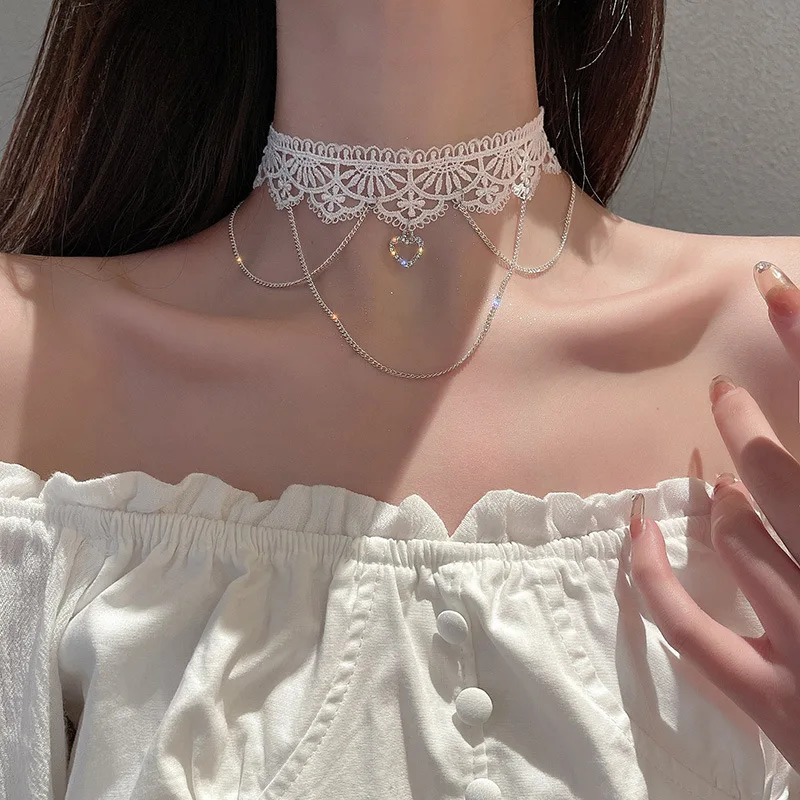 White Lace Fringe Choker Necklace - Designer Dainty Statement Collar for Women, Trendy Luxury