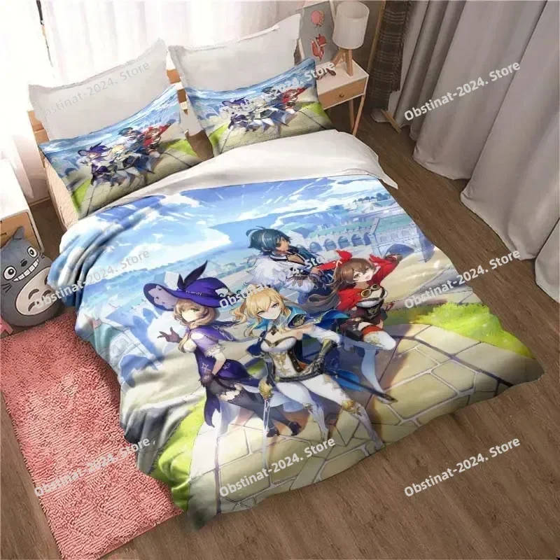 

Genshin Impact Game Anime Bedding Set Printed Bed Set With Pillowcase Bed Duvet Cover Soft Single Double Queen Super King Size
