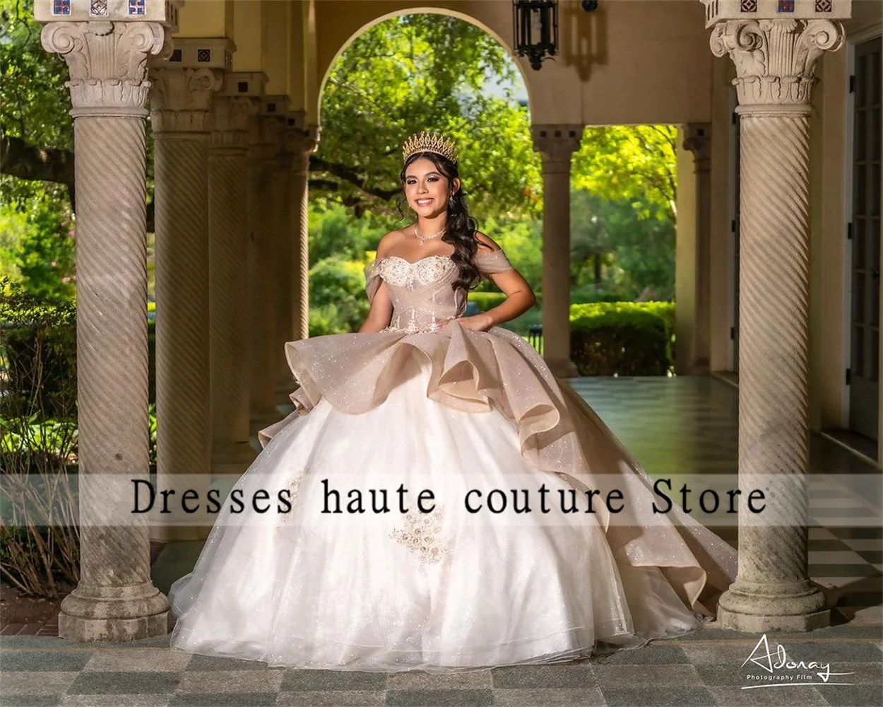 Robes de Quinceanera en tulle champagne princesse, appliques en dentelle à épaules dénudées, robe perlée Sweet 16, 2023