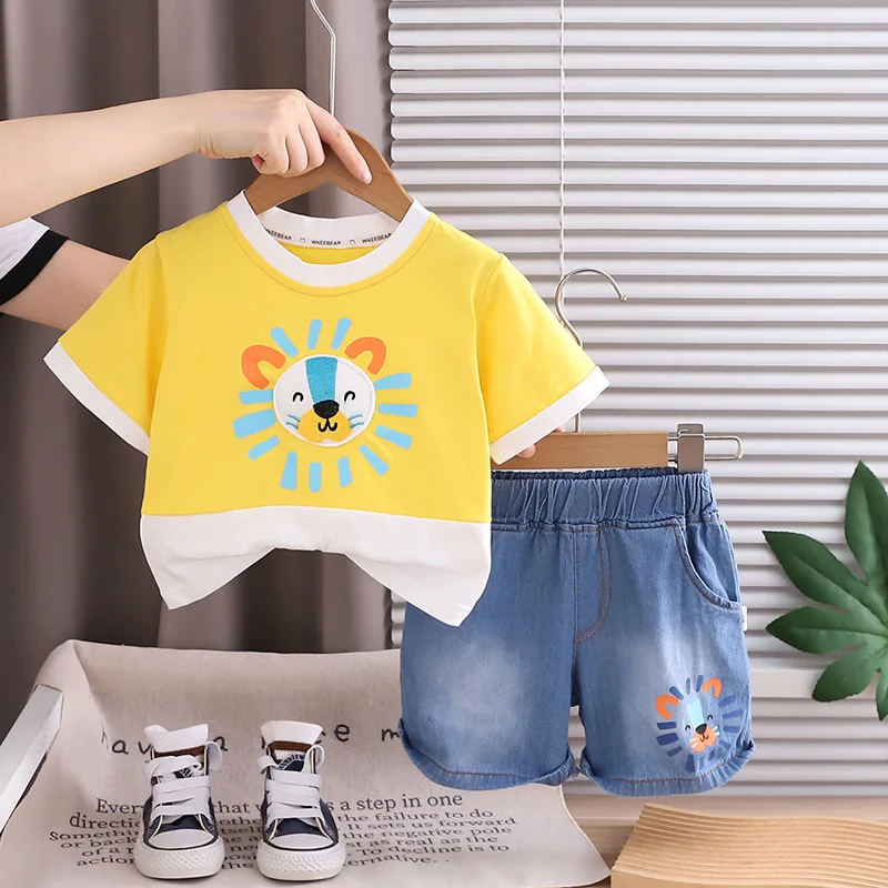 Toddler Boys Summer Outfits Kids Clothes Set 2026 Children's Color Matching Lion Head Tops and Shorts Two Piece Children's Suit