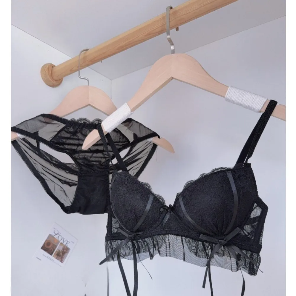 セクシーな Pure Desire Mesh Bow Lace Underwear Set Women Small Chest Push Up Support Bra Lingerie Daily Soft Comfort Wear 32-38 Set