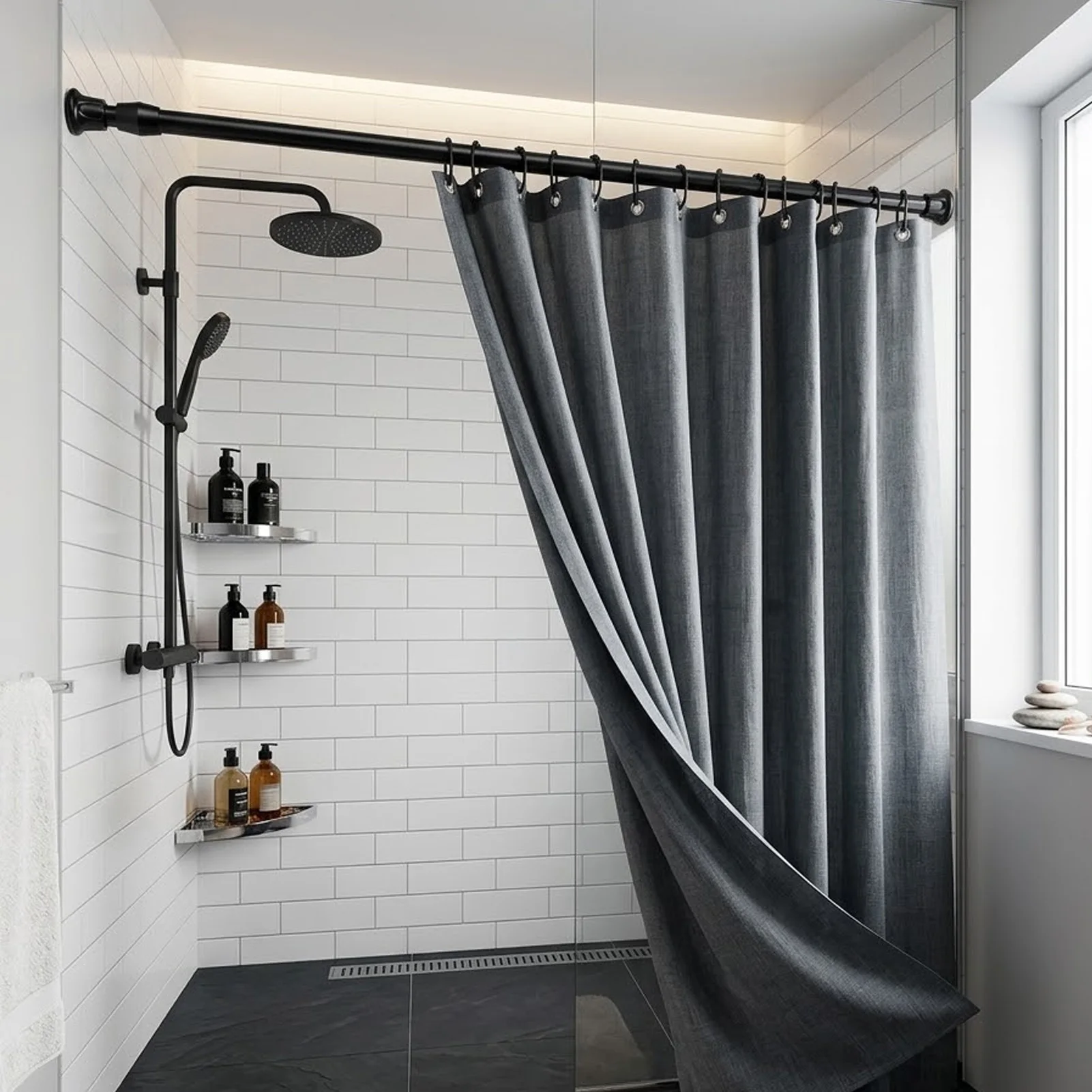 

White Painted Retractable Shower Curtain-Rod No Drilling Required For Bathroom Dry Wet Separation