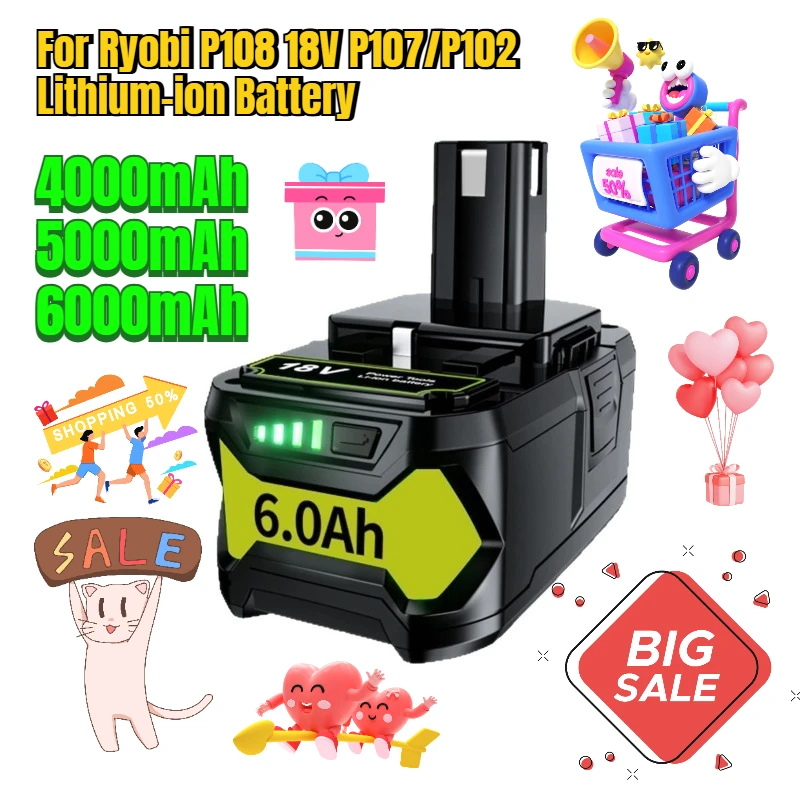 

4000/5000/6000mAh for Ryobi P108 18V P107/P102 Lithium-ion Battery