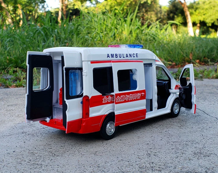 1:34 FORD Transit Alloy Ambulance Vehicles Car Model Diecast Metal Toy Broadcast Car Model Simulation Sound and Light Kids Gifts