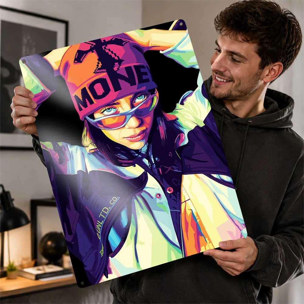 Billie Eilish Money Cap Portrait Textured Poster Personalized Aluminum Metal Sign Chart Topper Style Wall Art Enhances Bedroom