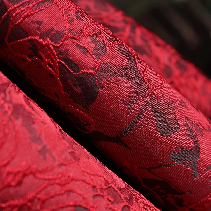 Flocked Jacquard Fabric Red Floral Shadow Subtle Traditional Chinese Style Hanfu Qipao Vest Dress Designer DIY Sewing