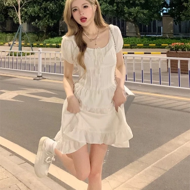 여름 신상 화이트 퍼피 돌 칼라 드레스 여성용 오트 스웨이드 허리 조임 소형 사이즈 요정 스커트 엘레 슬레 티잉