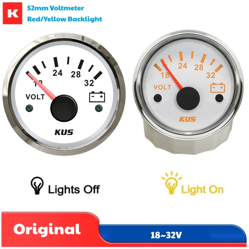 KUS Car or Boat Use 18-32V Pointer Voltmeters 52mm Volt Gauges Voltage Meters with Yellow / Red Backlight Volt Meters 12v/24v