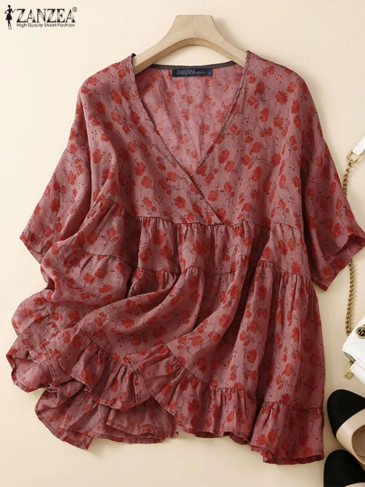 ZANZEA Fashion Holiday Ruffled Hem Blusas Women Drop Shoulder Sleeve Blouse 2024 Summer Floral Printing Shirt Casual Loose Tunic