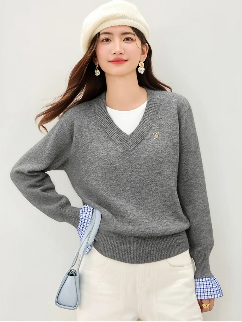 

2025,New,Fall,Winter,Korean,Style,Sweater,Chic,Sexy,V-Neck,Patchwork,Women,Long Sleeve,Knitted,Pullover,All Match,Tops,5102001
