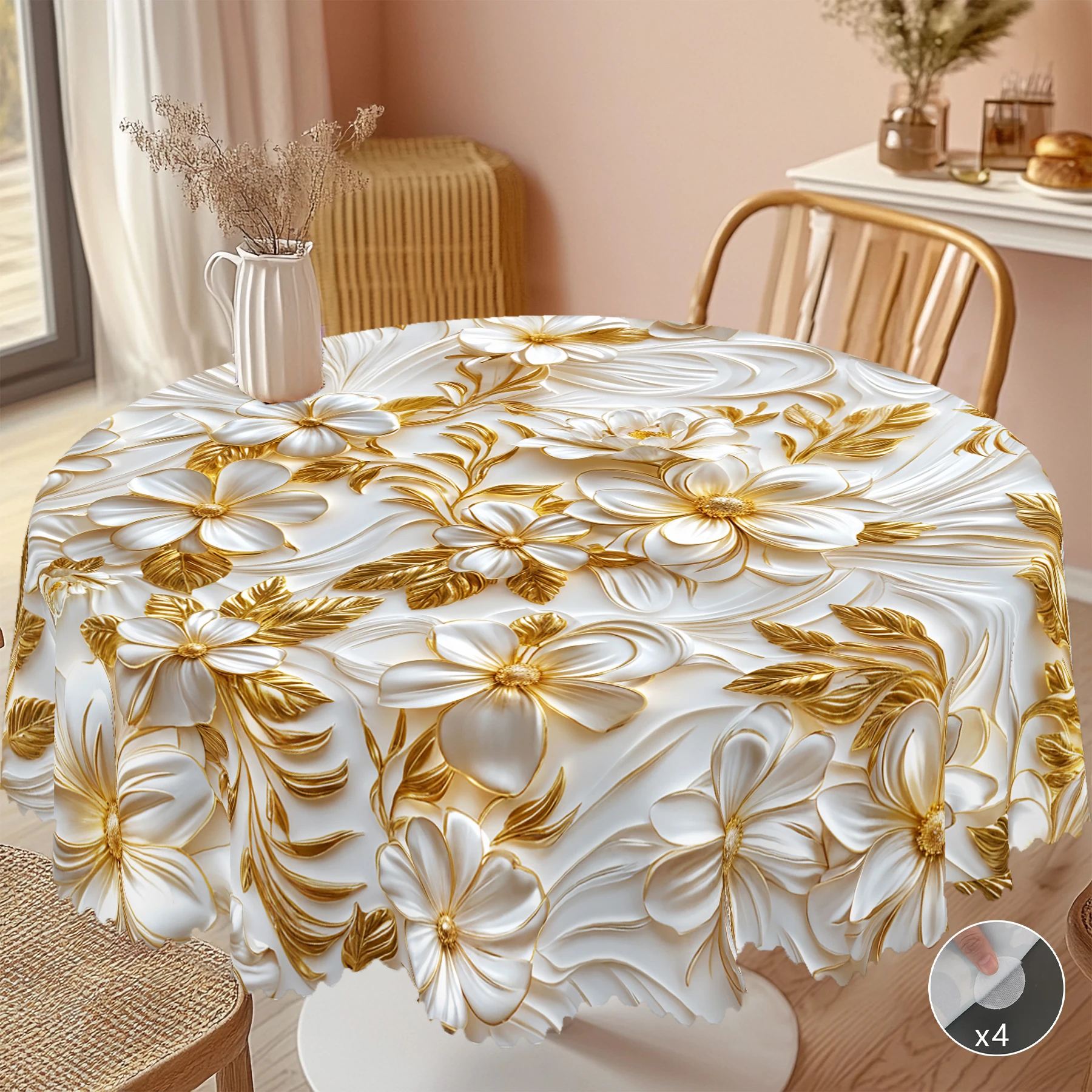 1 Piece of Vintage Floral Round and Rectangular Tablecloth, Available in Various Sizes, with 3D Embossed White Flowers and Gilded Branches Interwoven, and a Delicate Printed Tablecloth with Soft Texture Backing, Suitable for Spring and Summer, for Home Kitchens, Banquets, as a Gift for Wedding Season, Mother's Day, and for Spring and Summer Home Decor