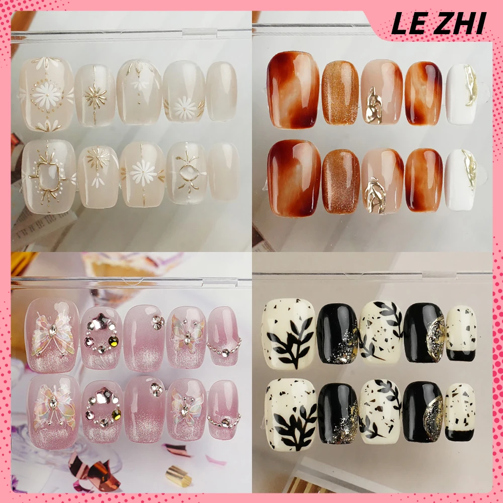 10Pcs High Quality Kawaii Glitter Handmade Press On Nail Awake Lion Pink Butterfly Diamond Short Fake Nails Design Manicure Tips