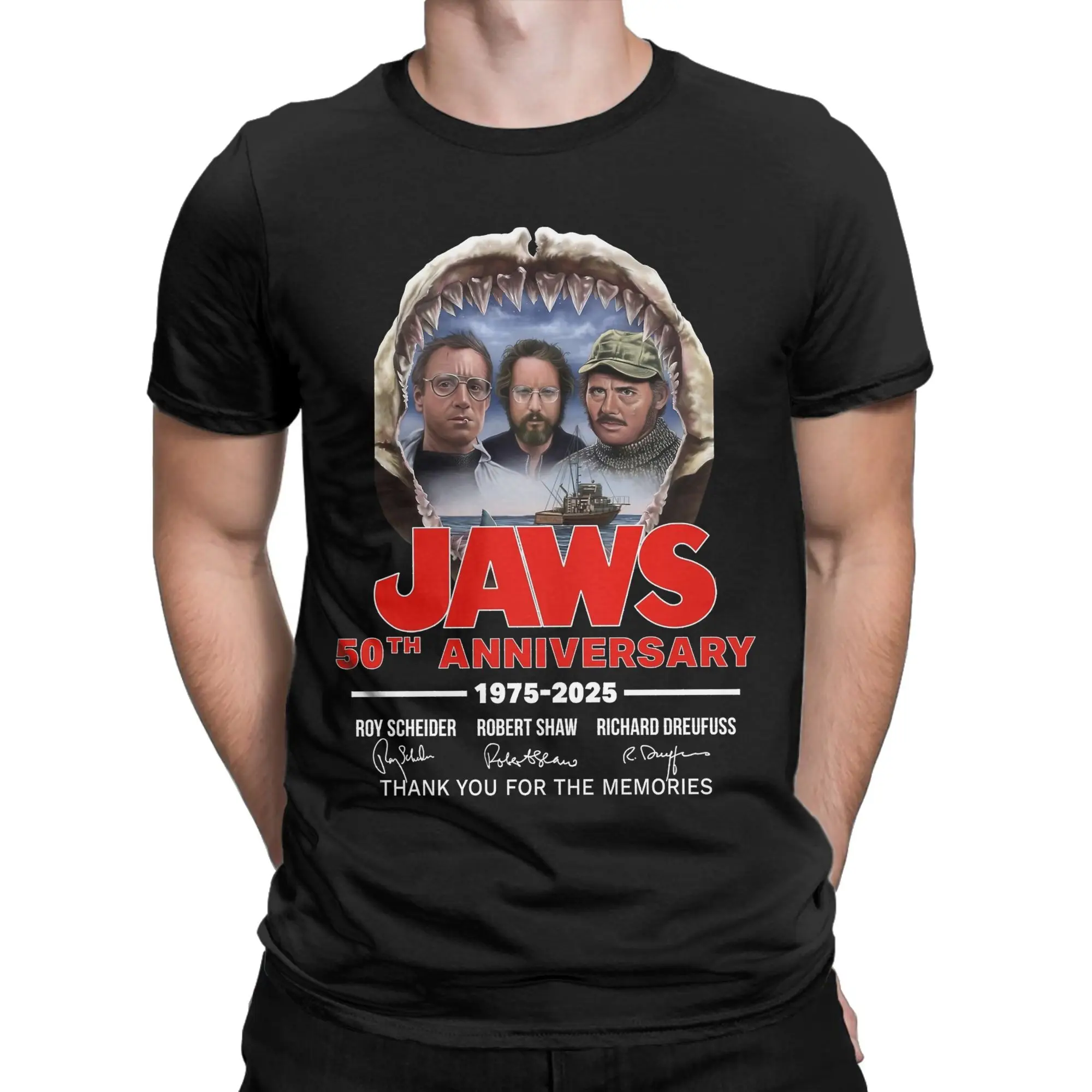 

50th Anniversary Jaws 1975 Graphic Printing T Shirts for Men Women Vintage 90s Movie Pure Cotton Tee Shirt Clothing