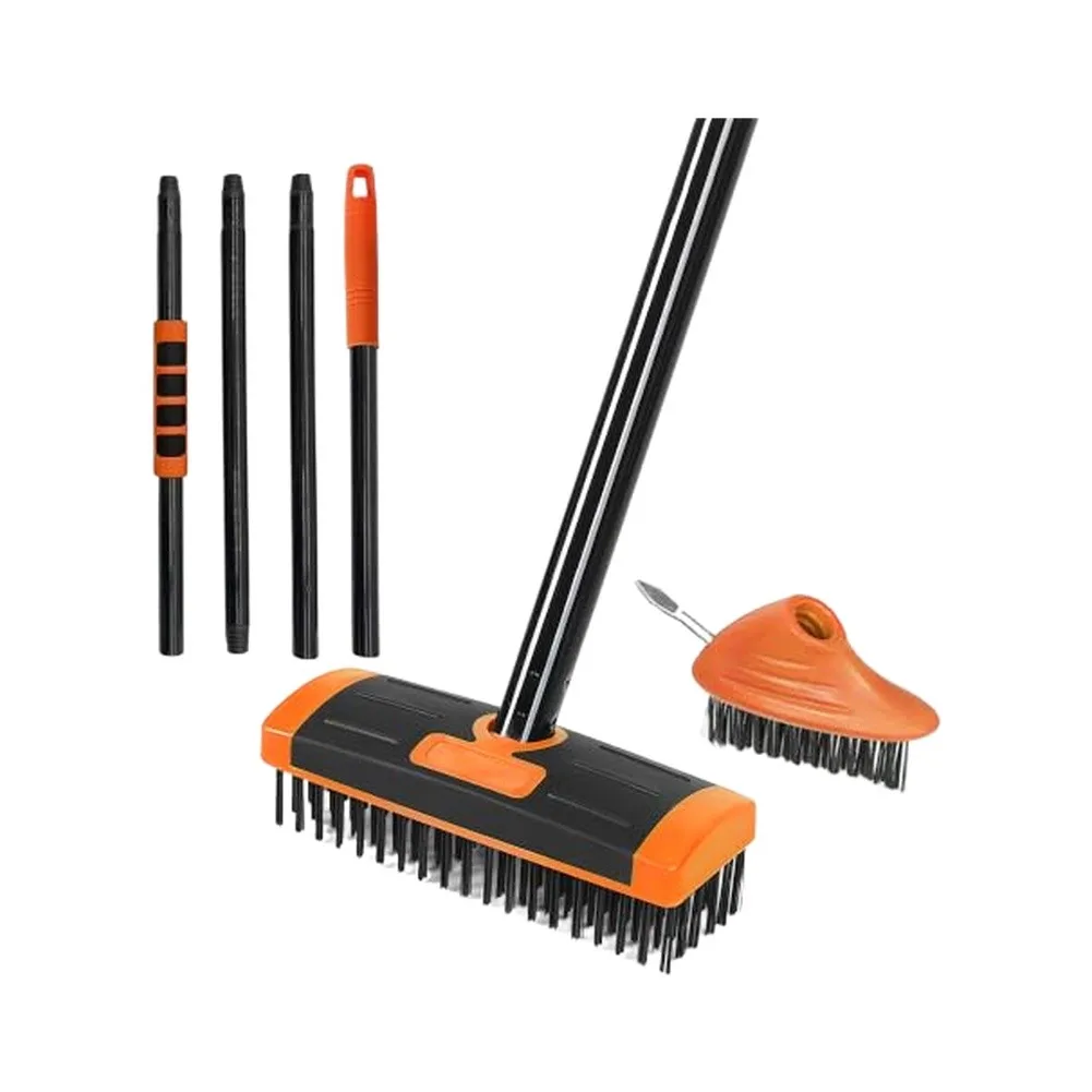 3 In 1 Steel Wire Scrub Brush With Long Handle Metal Weeding Hook For Garden Patio Deck Moss Rust Removal Cleaning Tool Set