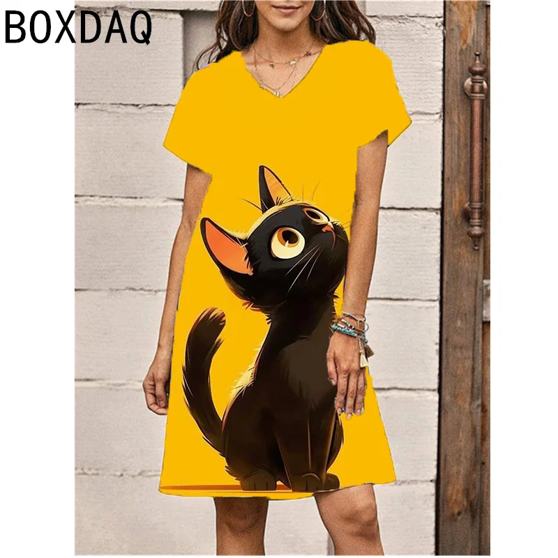 3D Fun Cat Print Dress Women Summer Short Sleeve V-neck Knee-length Dress Casual Beach Seaside Holiday Dress 3XL Big Size Dress