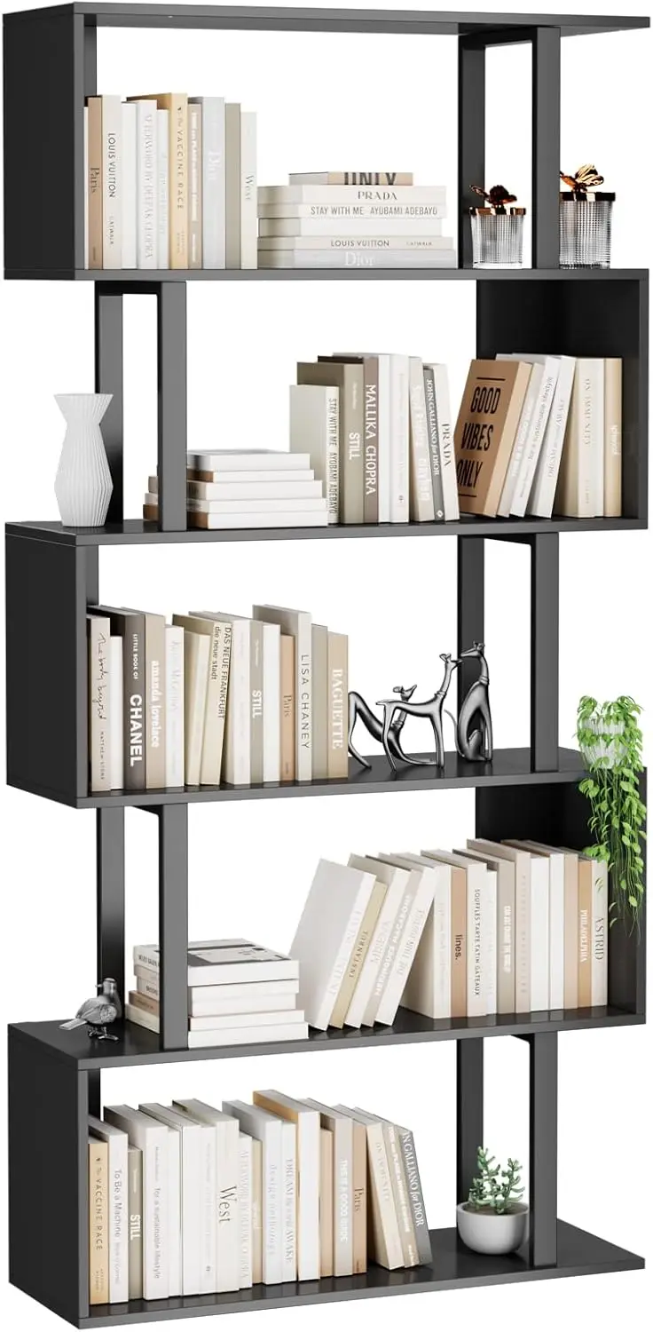 

5-Tier Geometric Bookcase,S Shaped Bookshelf, Wood Decorative Storage Shelving, Modern Freestanding Display Shelves