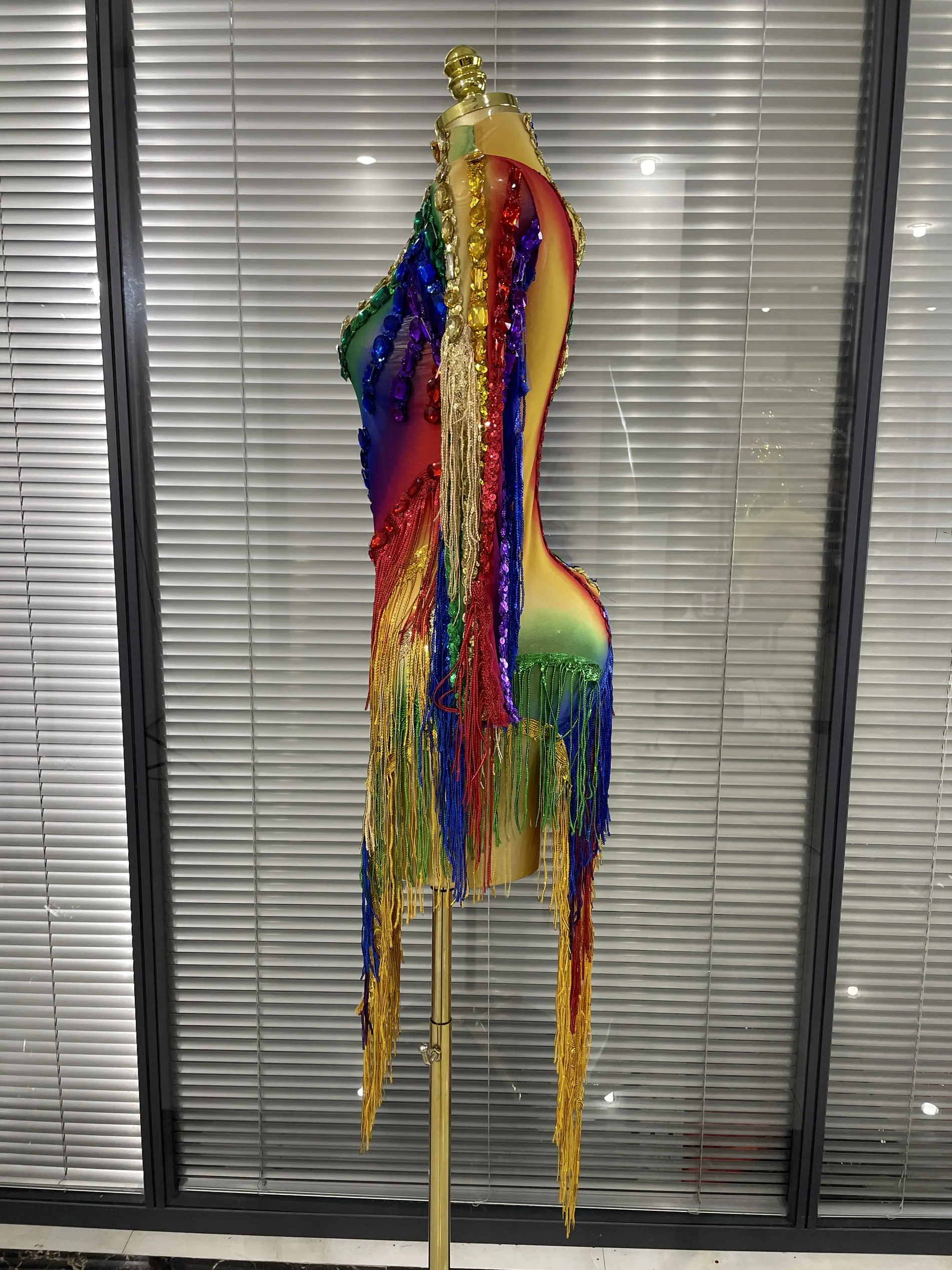 New Rainbow Women Sexy One Shoulder Mesh See Through Tassles Bodycon Mini Dress Birthday Fashion Bar Singer Performance Stage