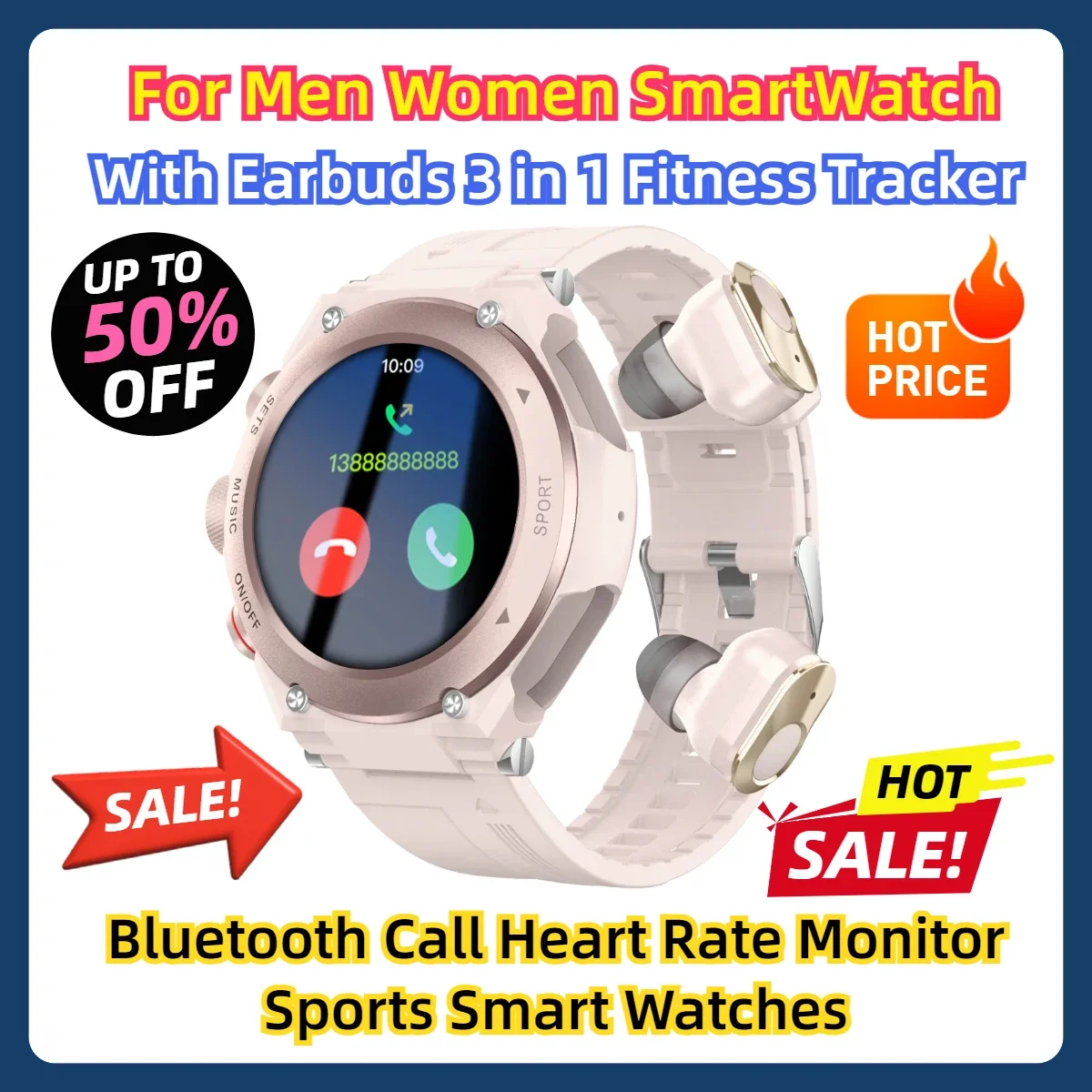 

For Men Women SmartWatch With Earbuds 3 in 1 Fitness Tracker Bluetooth Call Heart Rate Monitor Sports Smart Watches