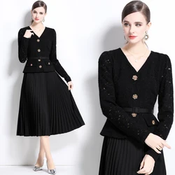 Elegant Tweed Chiffon Long Dresses Women Autumn Fake Two Piece Beading Crystal Full Sleeve Belt Formal Occasions Party Vestidos
