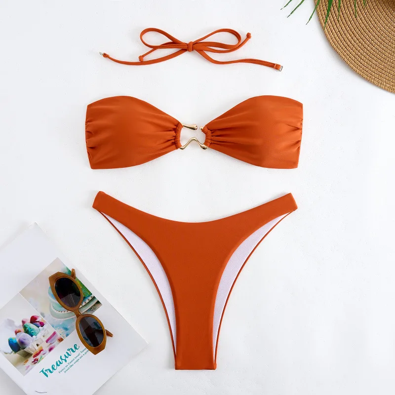 

Сексуальные коричневые комплекты бикини-стринги, купальник из двух предметов, купальник 2025 года, женский бразильский бикини-бандо, пляжная одежда, купальный костюм для женщин