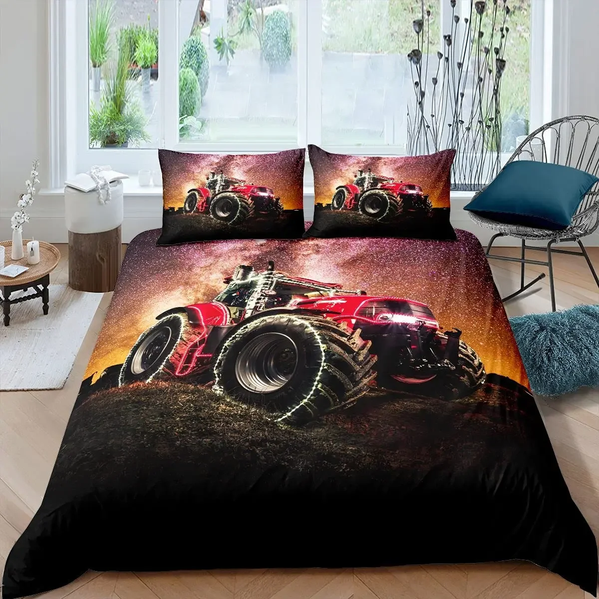 Truck for Kids Tan Truck Duvet Cover Boys Hobby Sports with Flame Image Decorative Large Tires Bedroom Decoration for Boys Girls