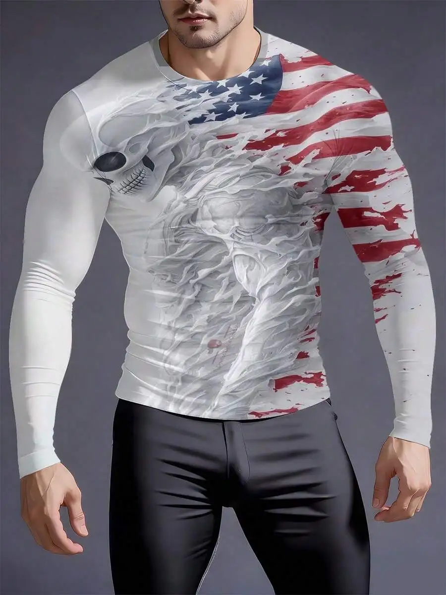 3D Printed American Flag Skull Mens Crew Neck Long Sleeve Compression Shirt