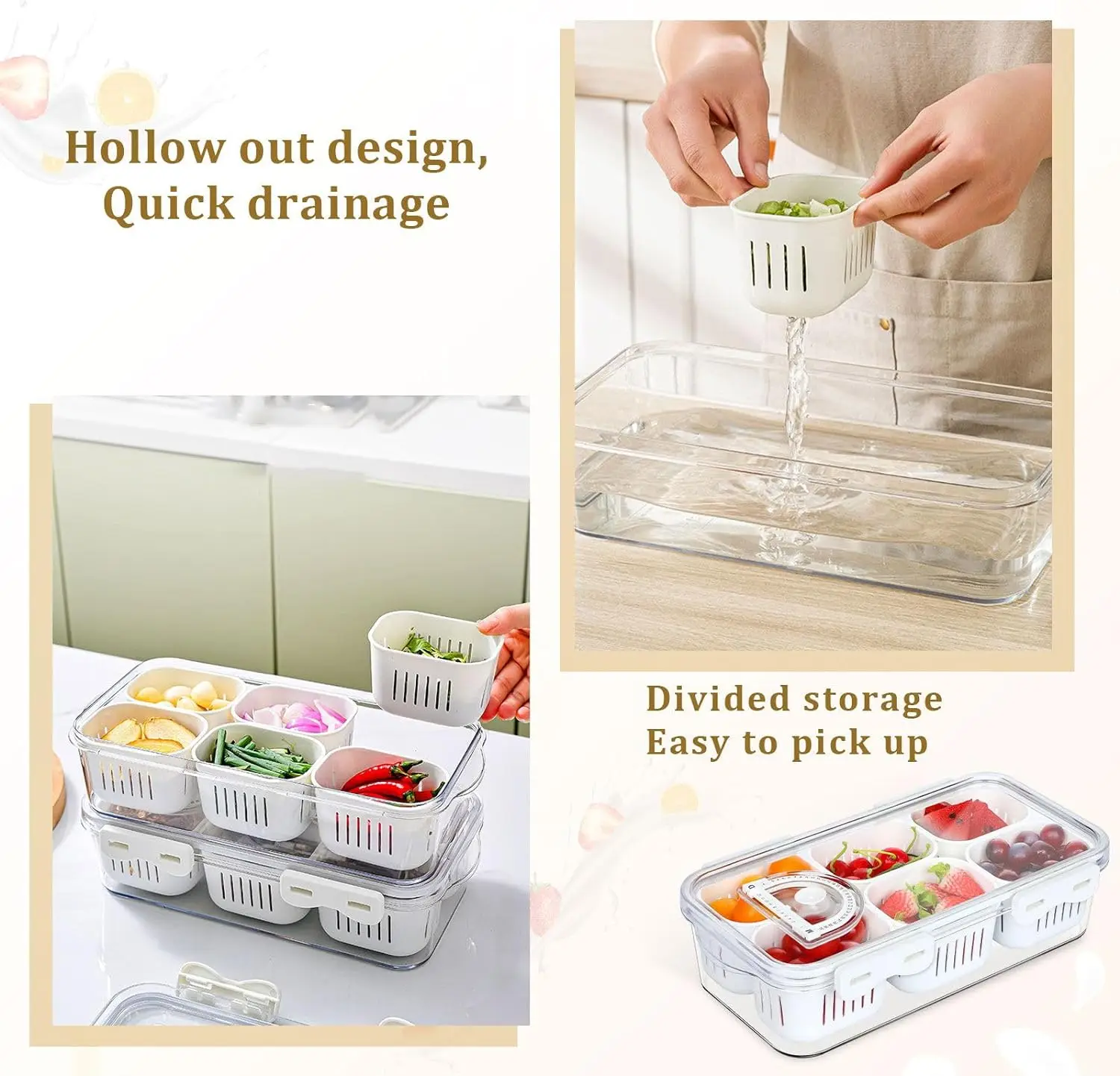 1PCS divider tray with lid, fruit storage container for refrigerator, snack box, portable food storage container with 6 compartm