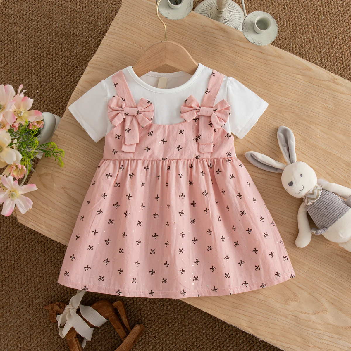 Bow Print Baby Girl Dress Summer New Cute Fake Two Piece Children'S Clothing (6-24 Months)