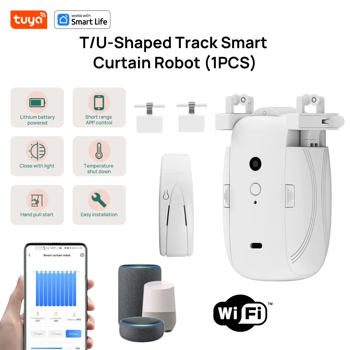 Tuya Smart WiFi Curtain Robot (1PCS with Hub) for T/U-Rail Tracks - App Remote Control, Alexa & Google Home Compatible