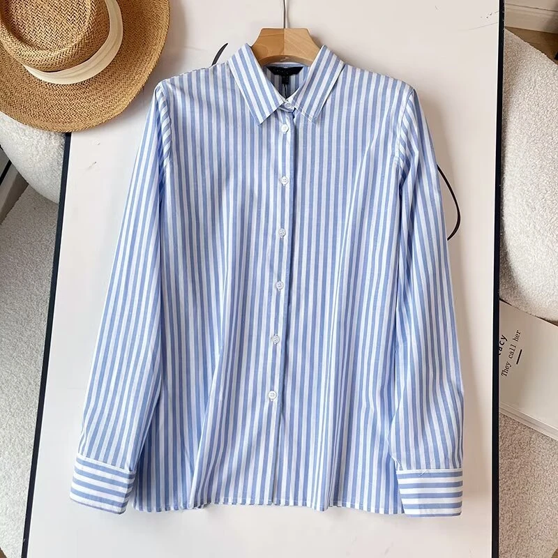 Maxdutti Minimalism Basic Striped Loose Shirt Women French Fashion Women\'s Cotton And Linen Long Sleeved Tops Shirt