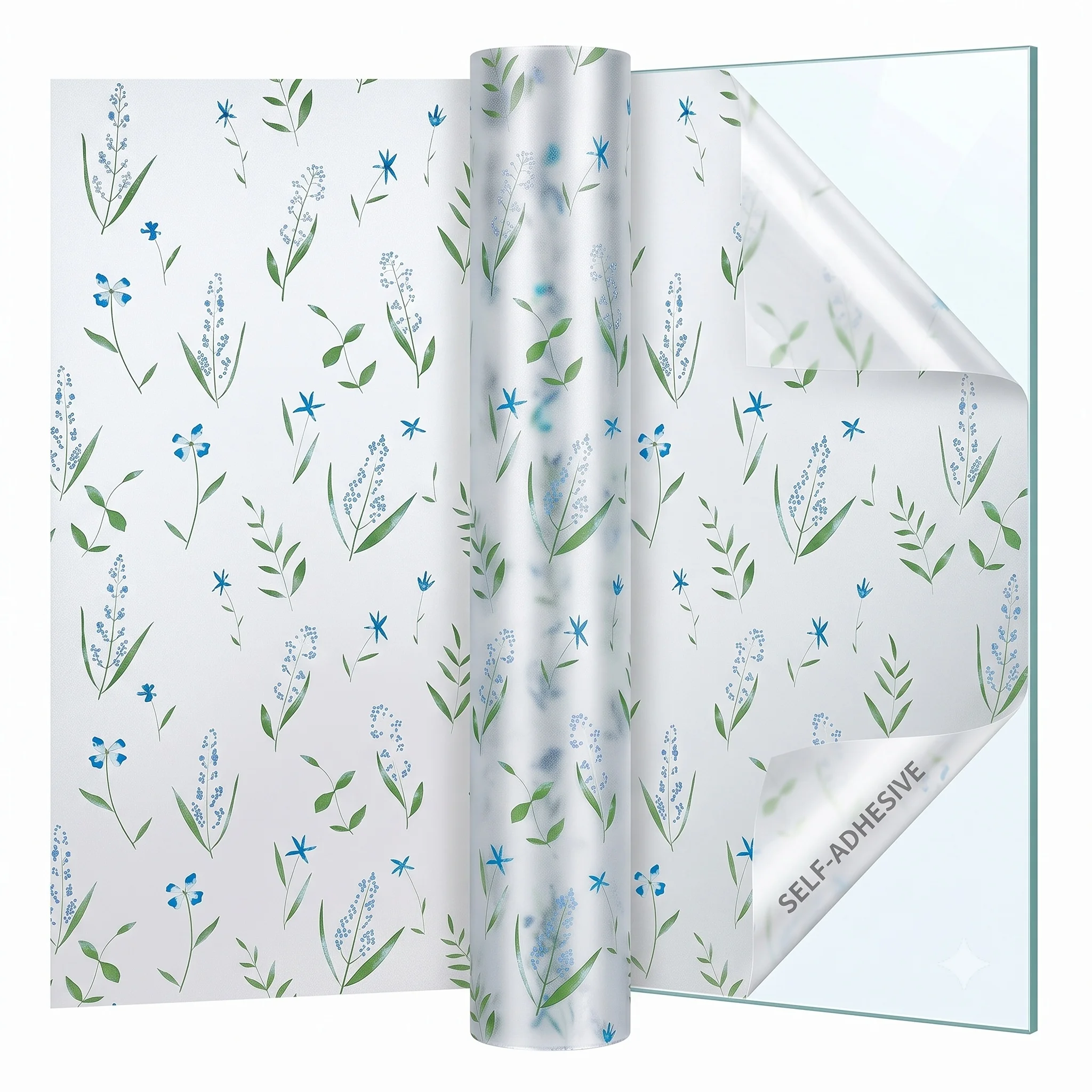 Window Insulation Film - 植物柄自己粘着性つや消し窓フィルム 緑の葉と青白い野花柄 プライバシーガラスステッカー 紫外線防止 ホームデコレーション