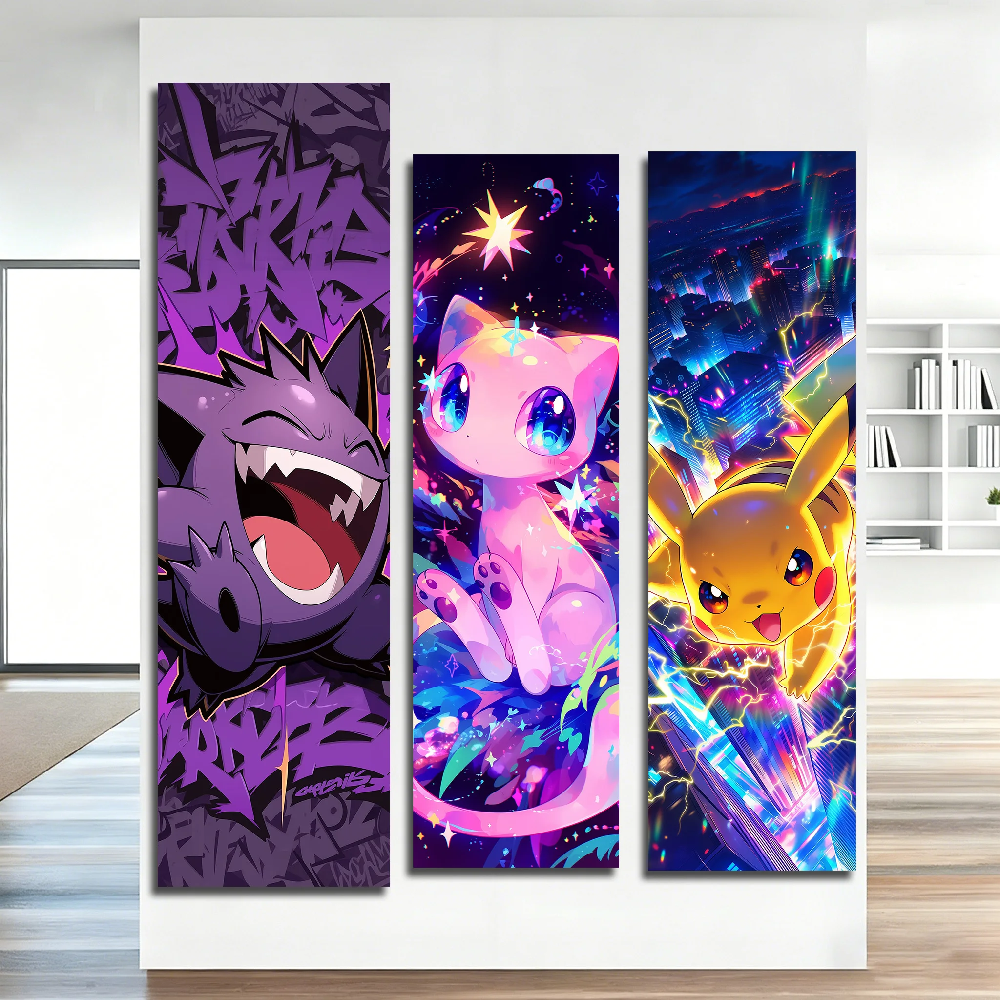 Pokemon Gengar Mew Pikachu Vertical Tapestry Set, Anime Graffiti & Neon Wall Hanging
