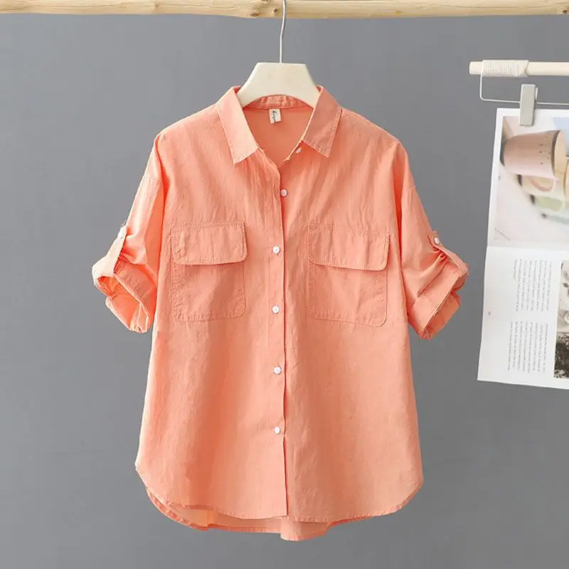 

Summer Turn-down Neck Single Breasted Pink Solid Short Sleeved Loose Shirt And Blouse New In Clothes Top Casual Simple Ovseize