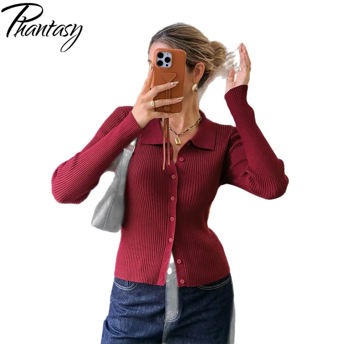 Phantasy Bottoni sexy con scollo a V Cardigan rosa Top slim a maniche lunghe invernali Elegante camicetta classica da donna da ufficio Top vintage