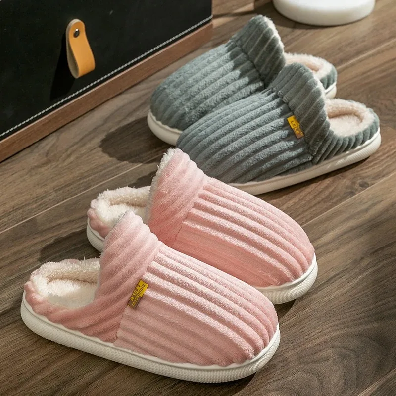 

Winter Unisex Concise Solid Color Flat Plush Slippers Non-slip Warm Fluffy Mule Slides For Women Men Home Casual Cotton Shoes ﻿