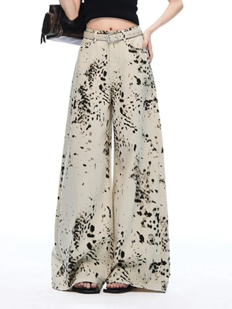 Leopard Print Straight Wide Leg Jeans Women High Waisted Retro Jeans Streetwear Y2k Vintage Pants High Street Denim Trousers
