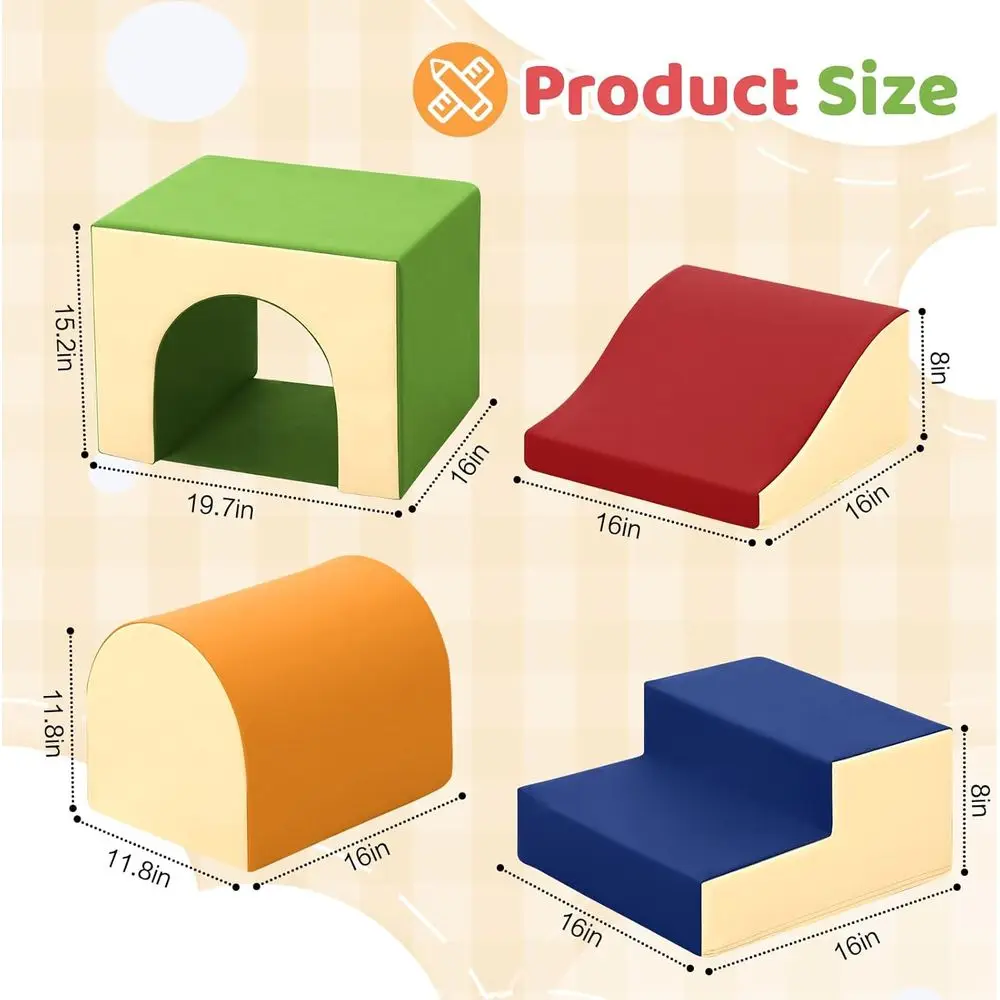 Conjunto de ginástica Soft Play para crianças: blocos de escalada de 4 peças com escorregador, escadas e túnel