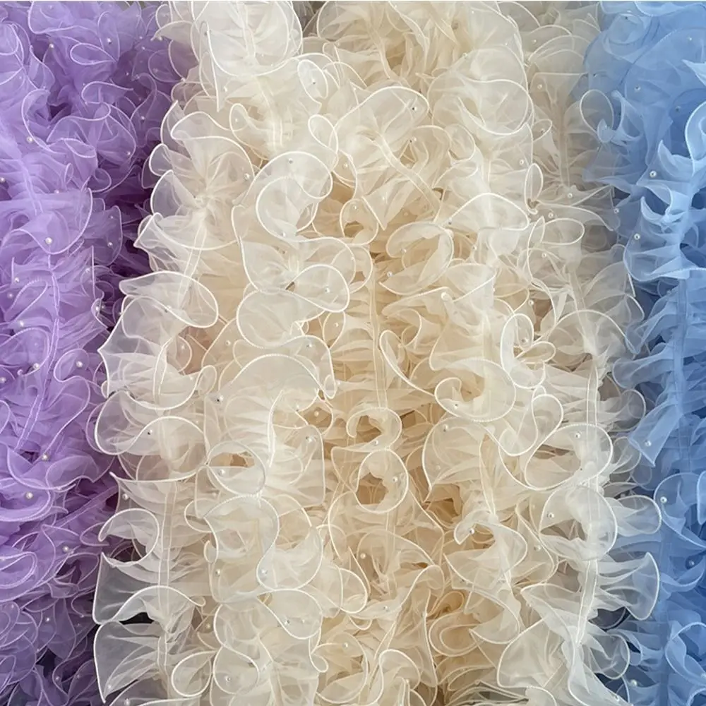 11cm Wide Organza Beaded Ribbon Wave Ruffle Edge Flower Lace Lolita Lace Accessories Pearl Fabric Edge 1 Yard Beaded Mirror Welt